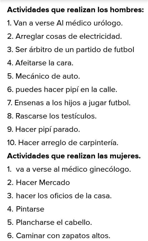 actividades de los hombres|Cuáles son las actividades exclusivas de los hombres